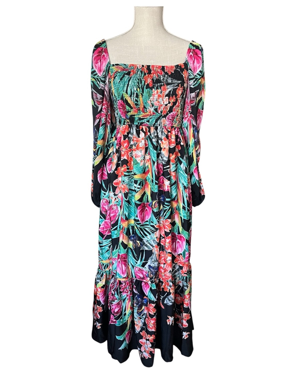 Emanuel Ungaro Floral Maxi Dress Smocked Boho Resort Long Sleeve Flowy Sz M